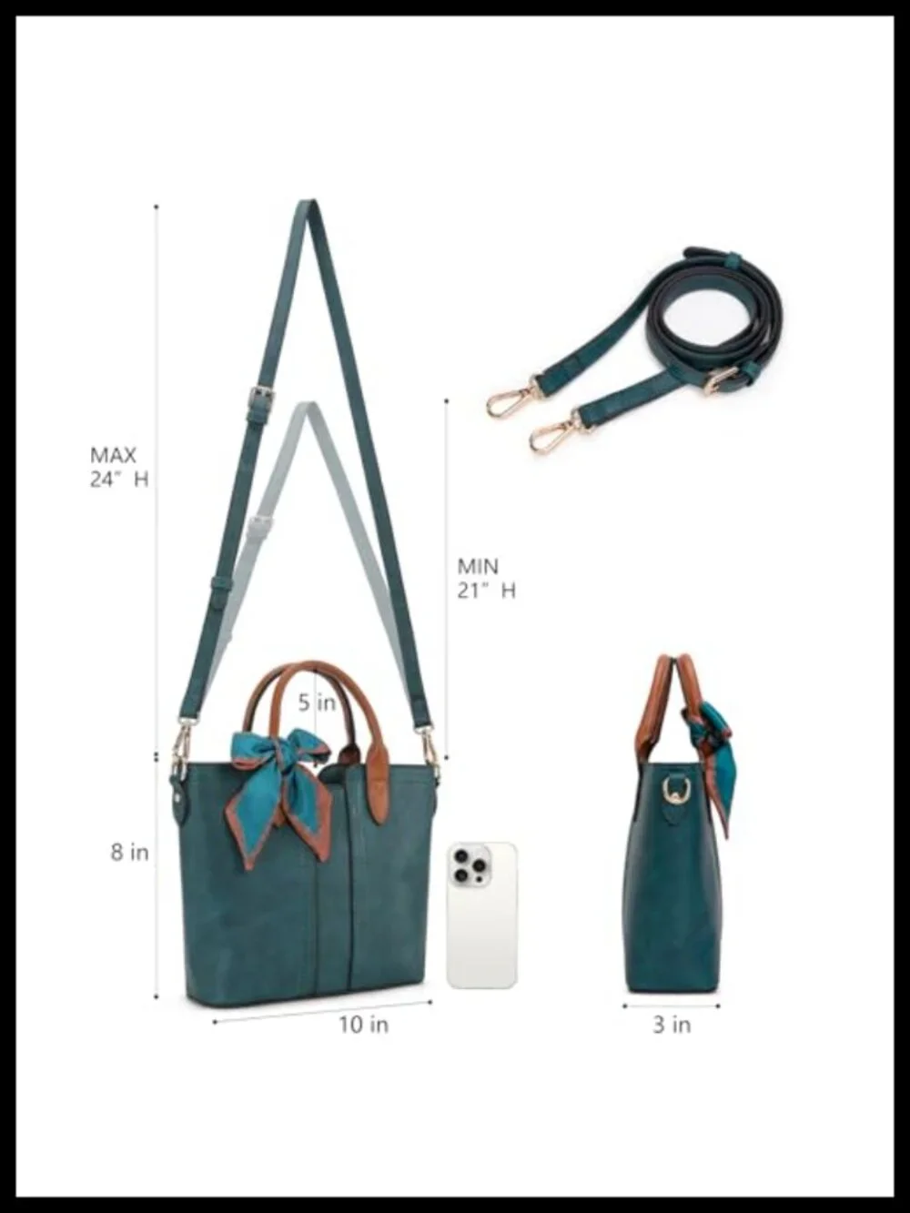 Vegan Leather Satchel Handbag with Detachable Strap, Top Handles, Bow Scarf